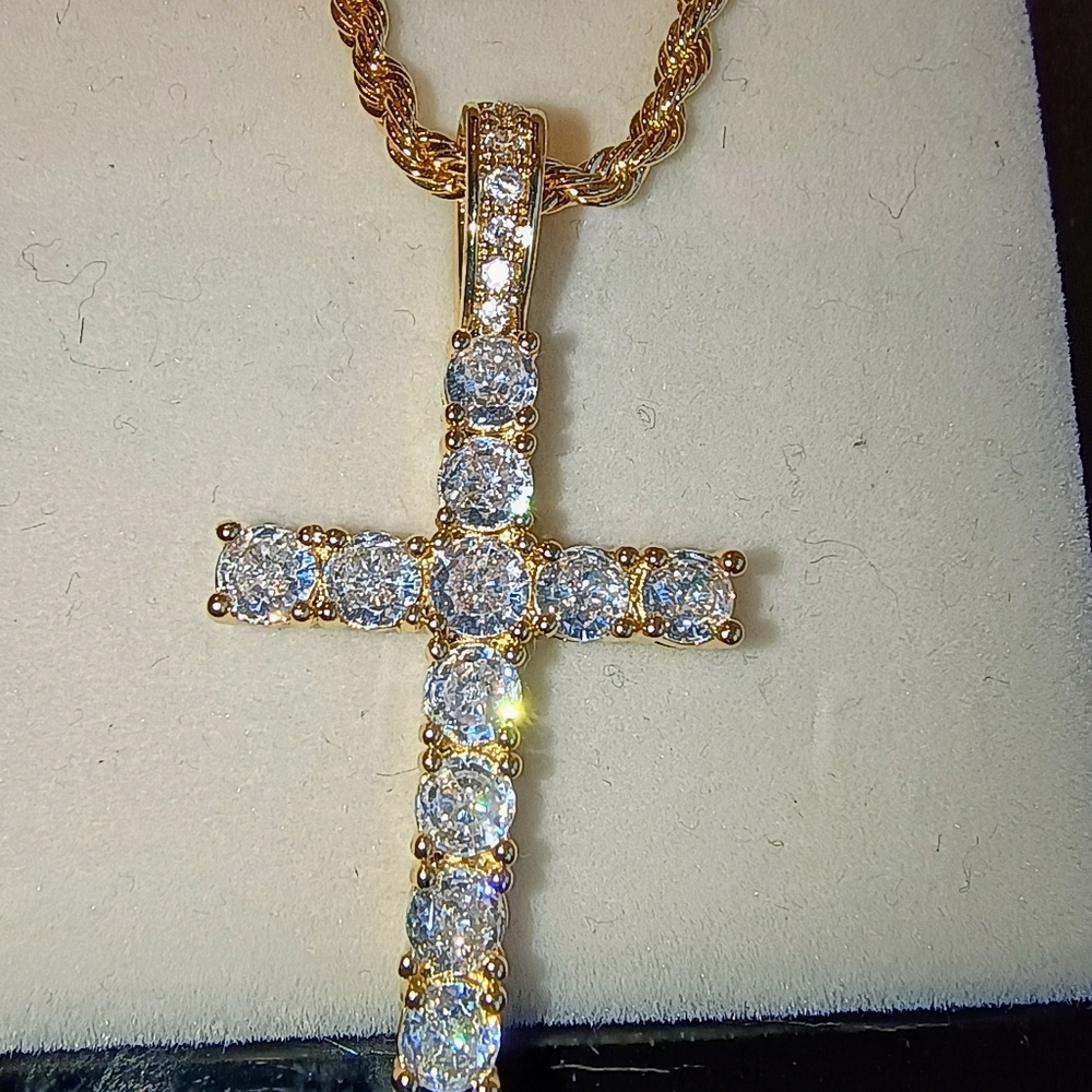 Cubic Zirconia Cross Pendant Necklace Gold Plate Stainless Steel - Picture 1 of 8